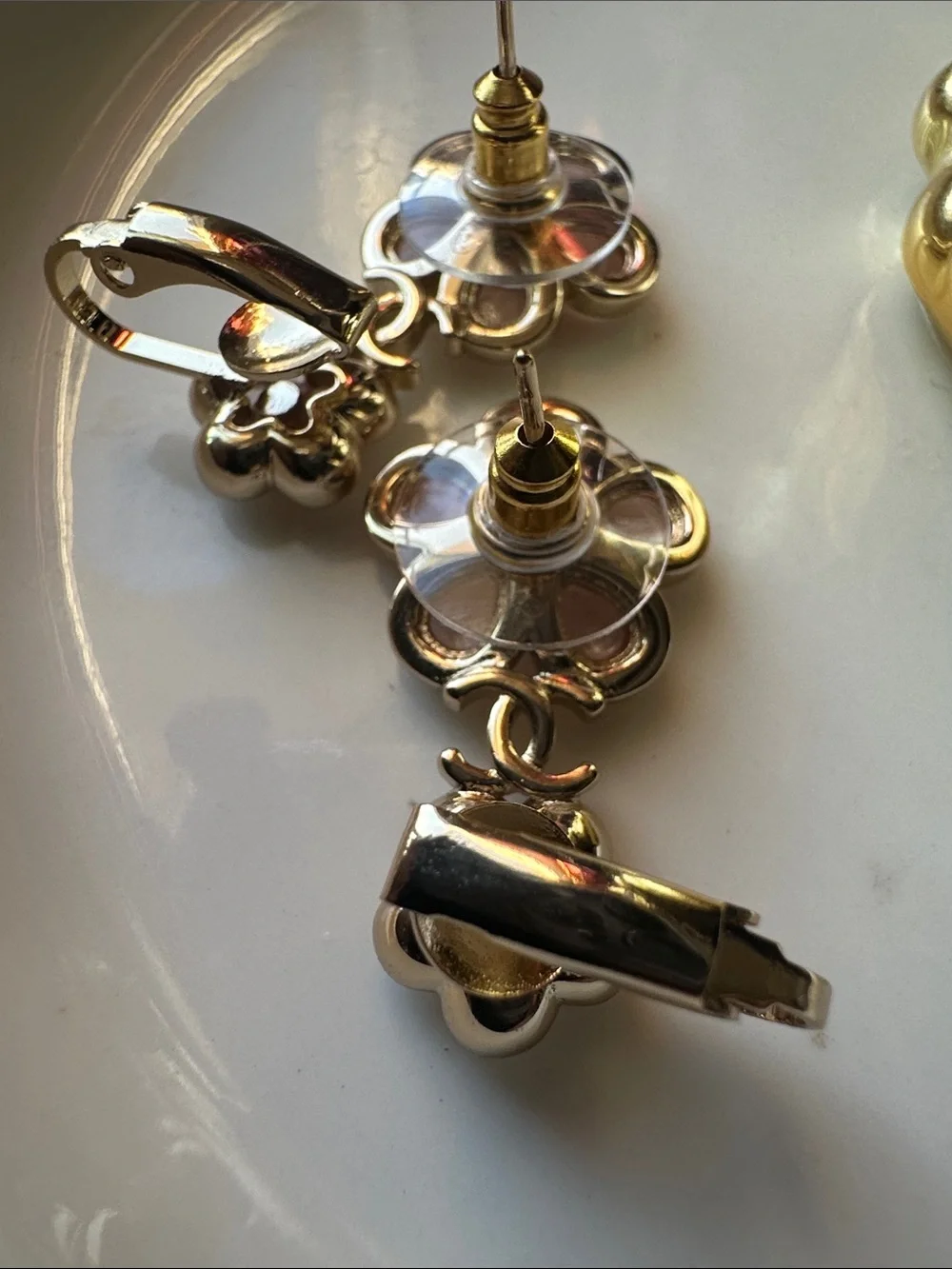 Like New- CHANEL Pink Floral Drop Earrings with Crystal Centers